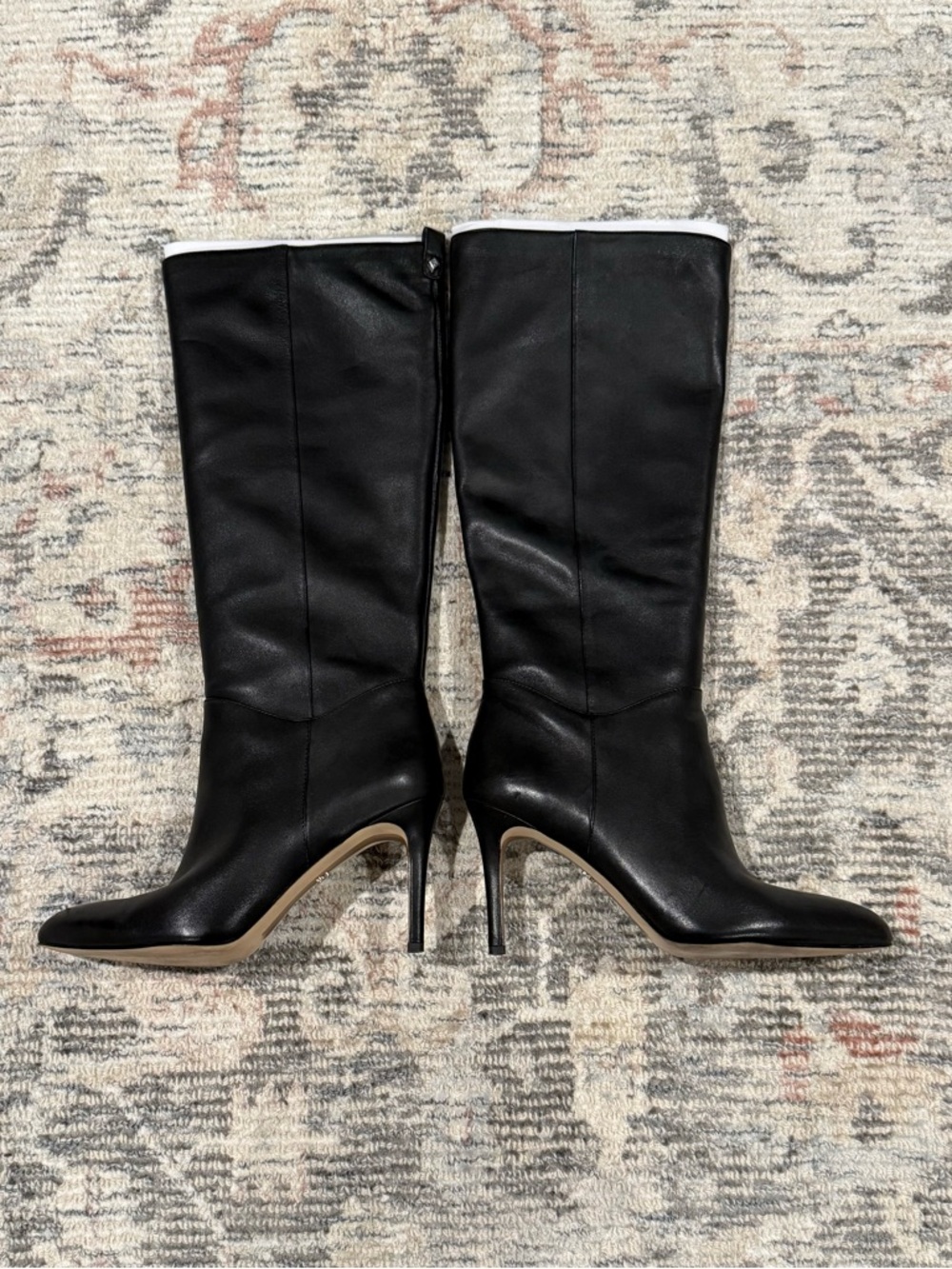Sam Edelman Black Leather Knee-High Stiletto Boots with Pointed Toe